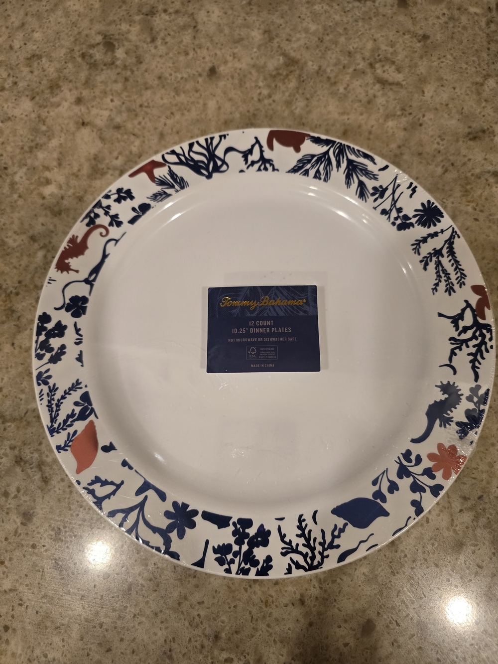 Tommy Bahama White Dinner Plate with Navy and Coral Coastal Motif